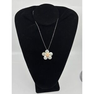 Mother of Pearl Shell Flower Pendant Necklace Pink Freshwater Pearl 18KGP 18in